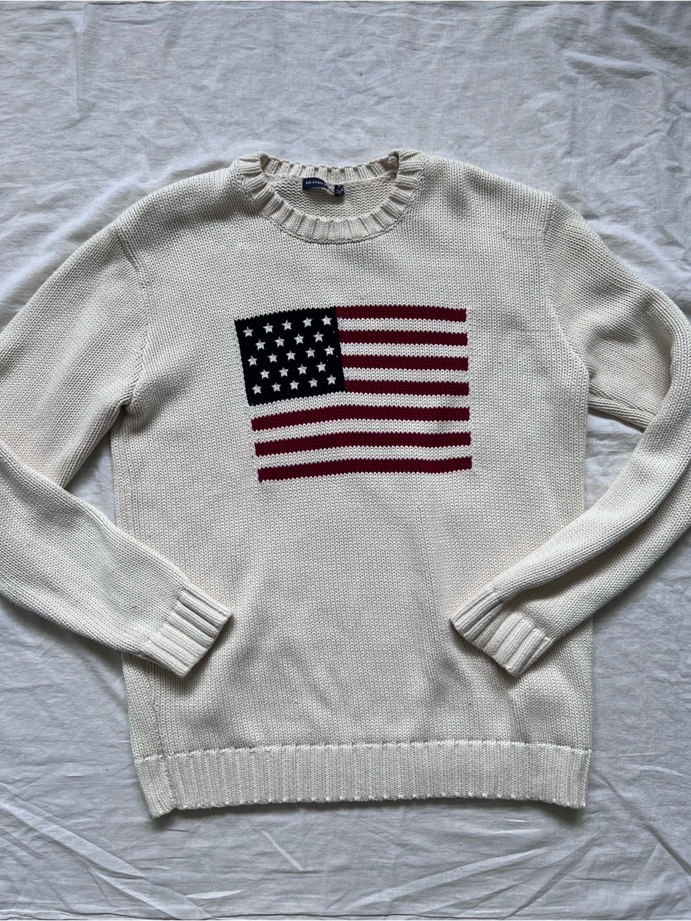 Brandy Melville Cream Sweater with Red and Navy Flag